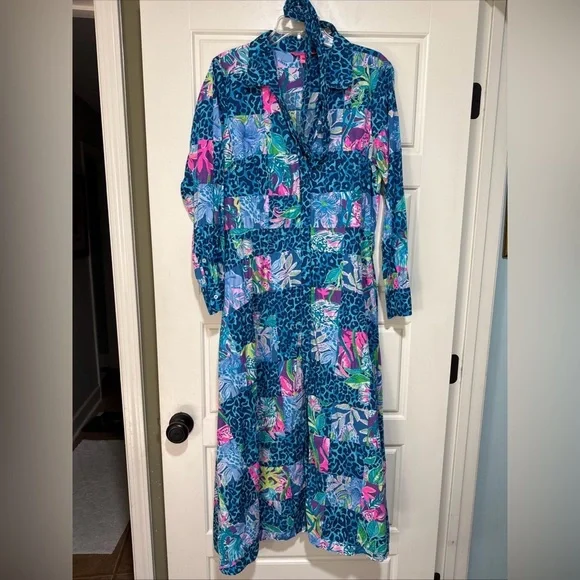 Lilly Pulitzer Vibrant Blue and Pink Long Sleeve Dress midi anniversary 16 rare - Picture 4 of 13